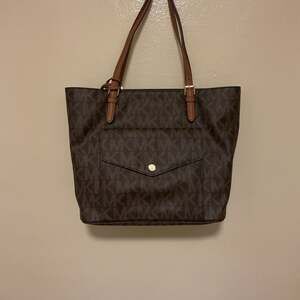 Michael Kors Signature Logo Tote Bag, Brown Monogram, Front Pocket